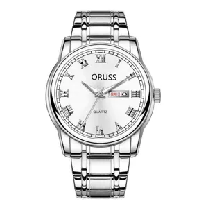 Detailed shot of the silver watch dial featuring Roman numerals, quartz movement, and date display.
