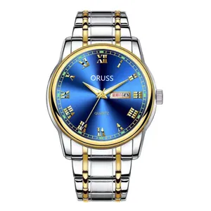 Detailed view of luxury men's quartz watch with blue dial, Roman numerals and steel strap.