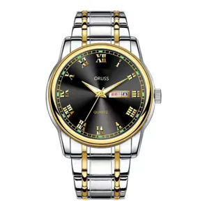 Men's stainless steel quartz watch featuring a black dial, roman numerals, and date display.