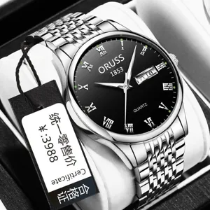 Men's stainless steel quartz watch with black dial Roman numerals and calendar display.