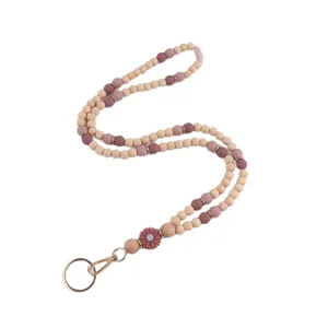 Silikon Holzperlen Lanyard Schlüsselanhänger mit Gänseblümchen für Ausweis und Schlüssel.