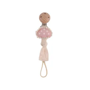 Cute wooden baby pacifier clip with pink polka dot mushroom fabric design and lace trim.