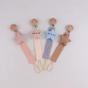 Cute star pacifier clips set for babies, fabric teething toy anti-drop chains in multi-colors.
