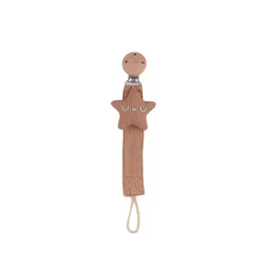 Cute brown corduroy star pacifier clip for baby soothing, safe wooden clip design.