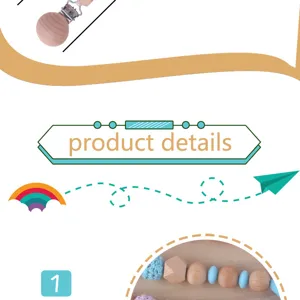 Wooden baby pacifier clip detail view, natural beech wood beads and secure metal clasp for infant.