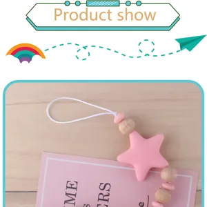 Baby pacifier clip wooden bead teething toy cute pink star infant anti-drop safety chain.