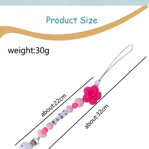 Práctica cadena para chupete de silicona con hermoso colgante de rosa y cuentas para bebés.