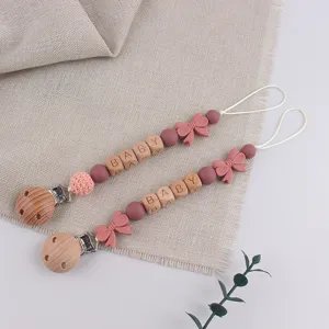 Wooden silicone baby pacifier clip handmade dummy chain teething toy clip for newborn baby