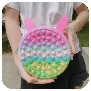 Cute Silicone Cartoon Animal Push Bubble Sensory Fidget Toy Crossbody Bag Rainbow Gradient Round Shoulder Purse For Kids Girls