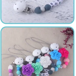 Cadena de chupete para bebé de silicona con cuentas florales de colores y soporte.