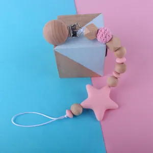 Silicone star wooden bead baby pacifier clip and teething chain product detail view.