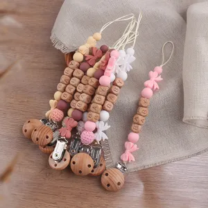 Ins Style Food Grade Silicone Natural Wood Baby Pacifier Clip Chain Cute Crochet Knit Ball Bowknot Teether Toy Holder Strap Prevent Dropping For Toddler