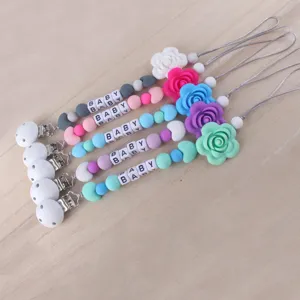 Sujetachupetes de Silicona Lindo Cuentas de Letras Flor Cadena Anti Perdida Clip de Chupete para Bebes Uso Diario Accesorios