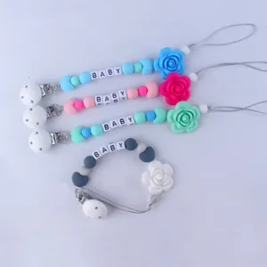 Clip para chupete de bebe de silicona cadena de denticion cuentas de flores juguete.