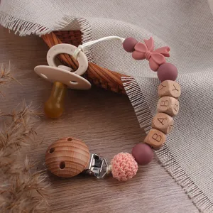 Silicone wooden pacifier clip baby teething toy with cute beads and secure wooden clip