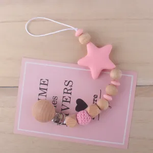 Infant Pacifier Clip Handmade Beechwood Silicone Star Beads Soothing Teething Chain Anti-Drop Dummy Holder For Baby Boys Girls