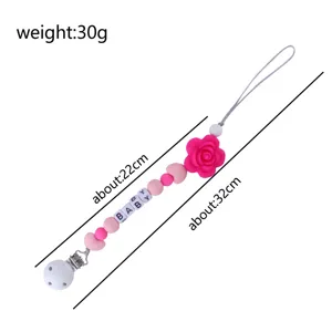Cadena para chupete de bebé de silicona con flor y cuentas, 32 cm de largo, diseño ligero.