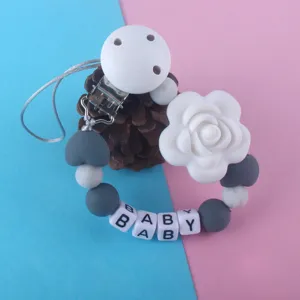 Clip de chupete para bebé de silicona con cuentas de flores y letras, cadena de dentición.