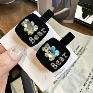 Pinza de pelo negra de terciopelo con osito de diamantes, estilo coreano para mujer.