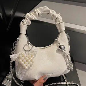 Women Fashion PU Leather Crossbody Bag Casual Urban Minimalist Chain Shoulder Handbag With Pearl Pendant