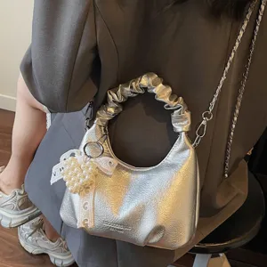 Metallic silver hobo shoulder bag for women, chic gathered handle chain crossbody bag