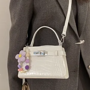 White crocodile pattern PU leather women handbag elegant top handle crossbody bag charm