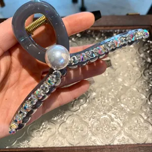 Grande pince à cheveux coréenne avec perle artificielle et strass étincelants pour femmes.