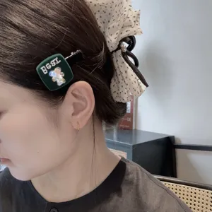 Pinza de pelo de terciopelo coreana con oso de strass y lazo de lunares para peinados.