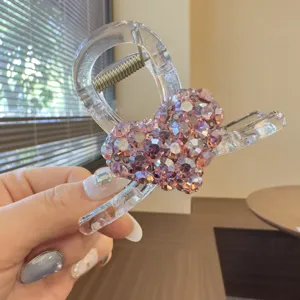 Clear crystal heart hair claw clip, pink rhinestone shark clip for stylish daily updos.