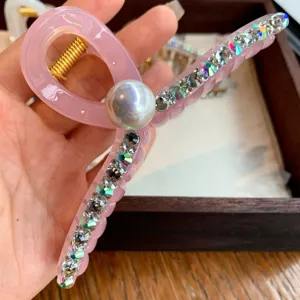 Pince à cheveux perle strass rose grand clip griffe en acrylique pour belle coiffure