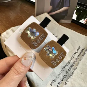 Pinzas de pelo de oso de strass de terciopelo marrón estilo coreano horquillas pico pato otoño