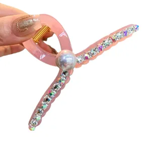 Pince à cheveux rose strass style coréen grande perle élégante pince requin pour femmes