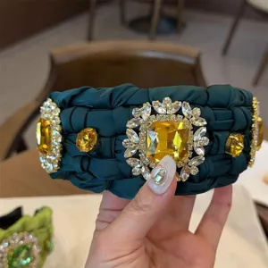 Diadema trenzada verde oscuro con cristales amarillos grandes accesorio de pelo vintage lujo