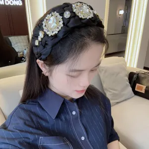 Diadema trenzada negra con pedrería para mujer, accesorio de pelo ancho con cristales