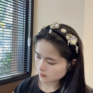 Diadema de cristal lujo barroco estrás negro ancho aro de pelo para mujeres elegante accesorio