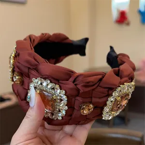 Diadema trenzada marrón con grandes pedrería de cristal, diadema ancha de lujo para mujeres.