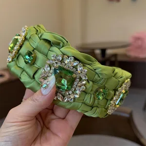 Diadema trenzada verde con diamantes de imitación lujo cristal ancho accesorios pelo
