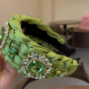 Diadema verde trenzada con pedrería lujo ancho aro de pelo vintage brillante cristal accesorio