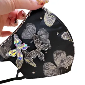 Stylish black rhinestone butterfly fabric face mask, luxury crystal sparkling mask.
