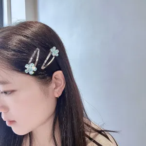 Pinces à cheveux BB fleur en cristal pour femmes, jolie pince latérale bleue tendance.