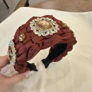 Diadema trenzada marron con estrases lujo cristal ancho banda pelo accesorio elegante mujer