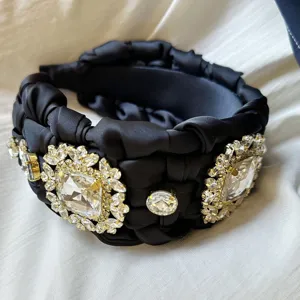 Diadema negra tejida con pedrería lujo cristal aro de pelo vintage elegante accesorio mujer