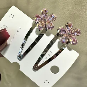 Barrette à cheveux fleur cristal style coréen rose strass pince latérale femme mode.