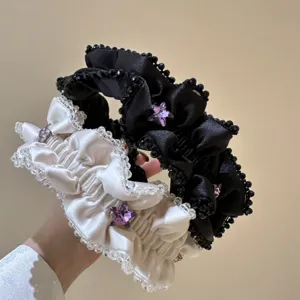 Eleganter geraffter Satin Haarreif mit Kristallperlen und lila Sternen modischer Haarschmuck Damen
