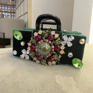 Vintage grüne Samt Haarklammer mit bunten Strasssteinen, barocker Haarschmuck für Frauen