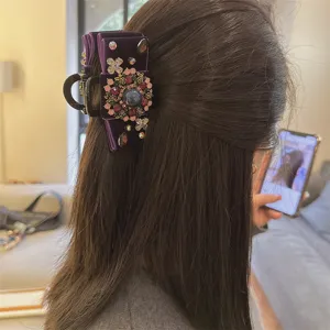 Exquisite lila Samt Schleife Haarklammer mit Vintage Strasssteinen und Edelsteinen Damen.