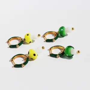 Chic glass mushroom hoop earrings with green enamel and zirconia, cute jewelry for daily wear.