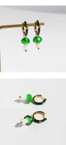 Green enamel glass mushroom detail earrings with zircon hoop, cute cross-border jewelry style.