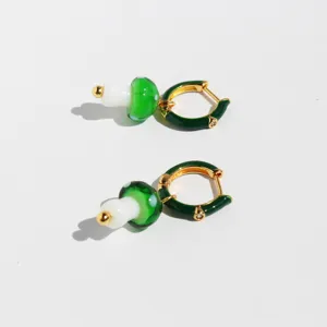 Chic green glass mushroom hoop earrings with enamel and zircon for women and girls.