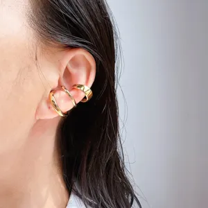 Gold metal ear cuffs set multi-layer stackable C-shaped clip-on earrings detail view